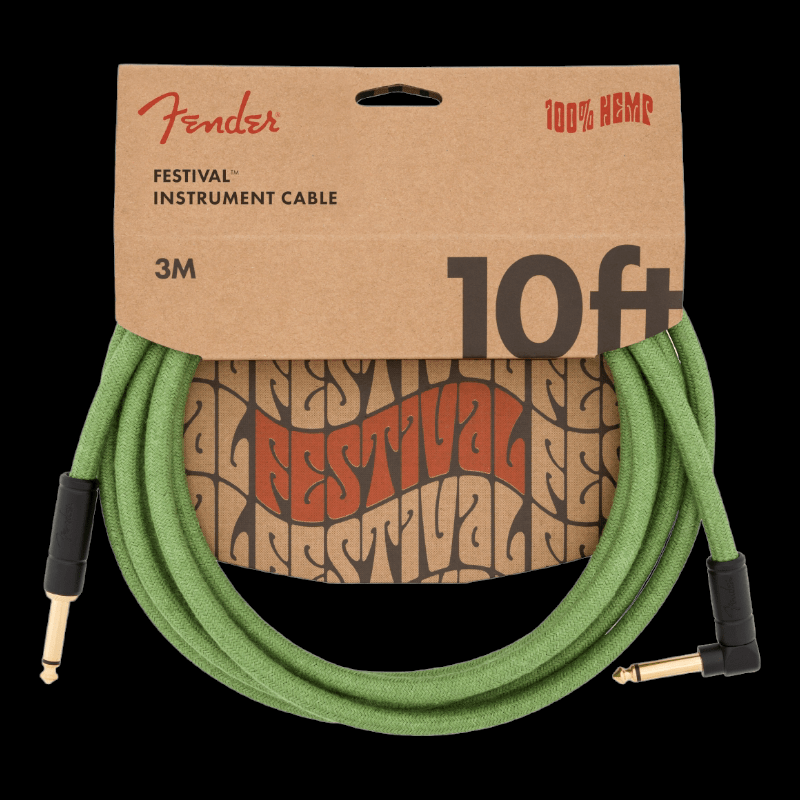 Cable Festival Instrument Cable, Straight/Angle, 10', Pure Hemp, Green Fender Cable de Instrumento