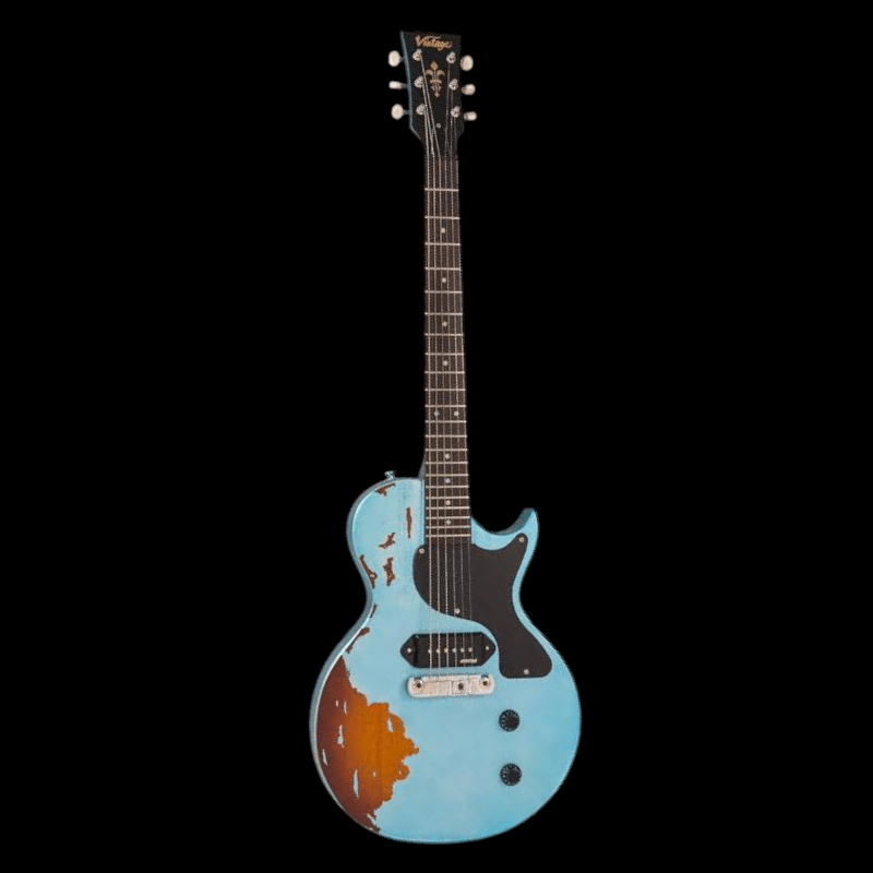 Vintage V120 ICON Electric Guitar ~ Distressed Gun Hill Blue Over Sunburst Vintage Guitarra Electrica