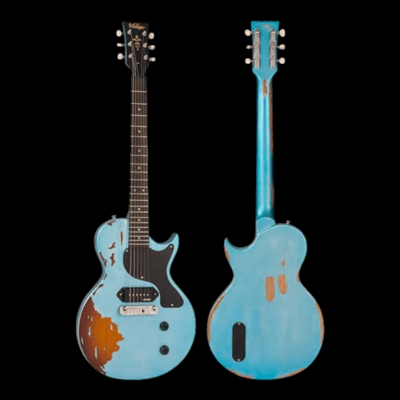 Vintage V120 ICON Electric Guitar ~ Distressed Gun Hill Blue Over Sunburst Vintage Guitarra Electrica